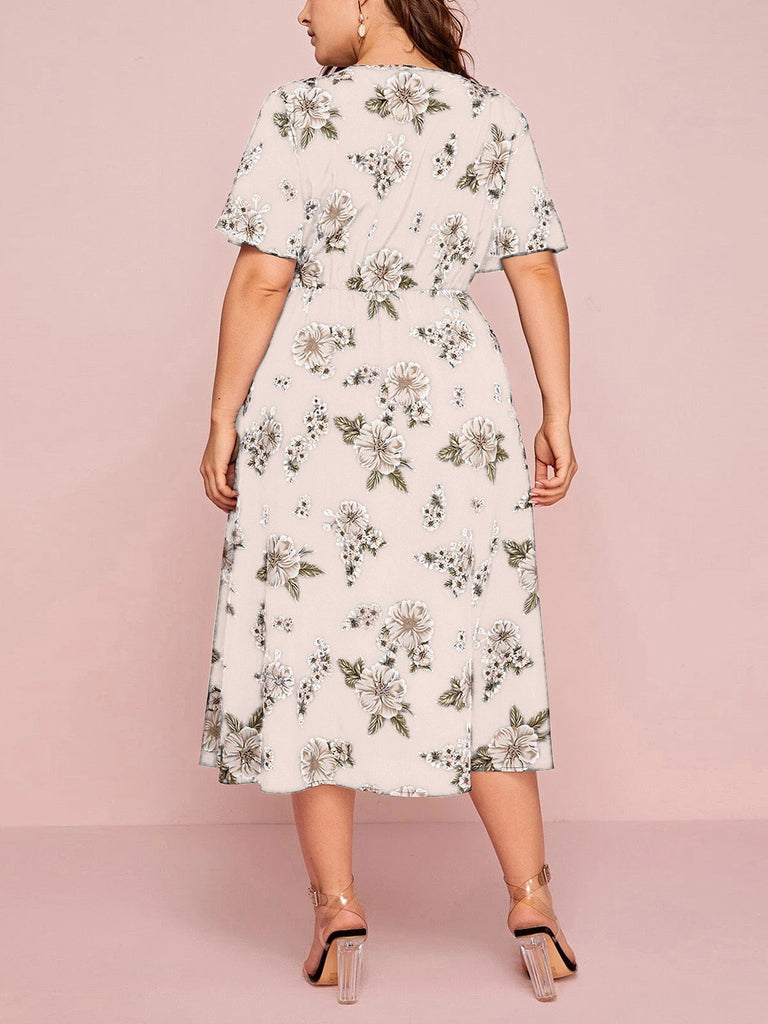 [Übergröße] Rosa 40er Kleid mit Blumen-Print und Kurzarm
