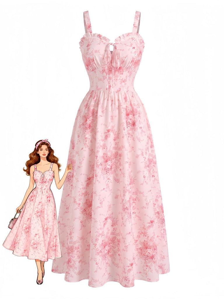 Rosa 40er Smockkleid mit Blumen und Rüschen