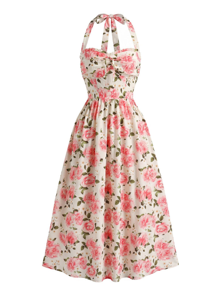 Rosa 40er Kleid mit Neckholder und Blumen
