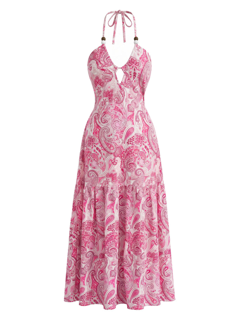 Rosa 40er Maxikleid mit Neckholder und Paisley