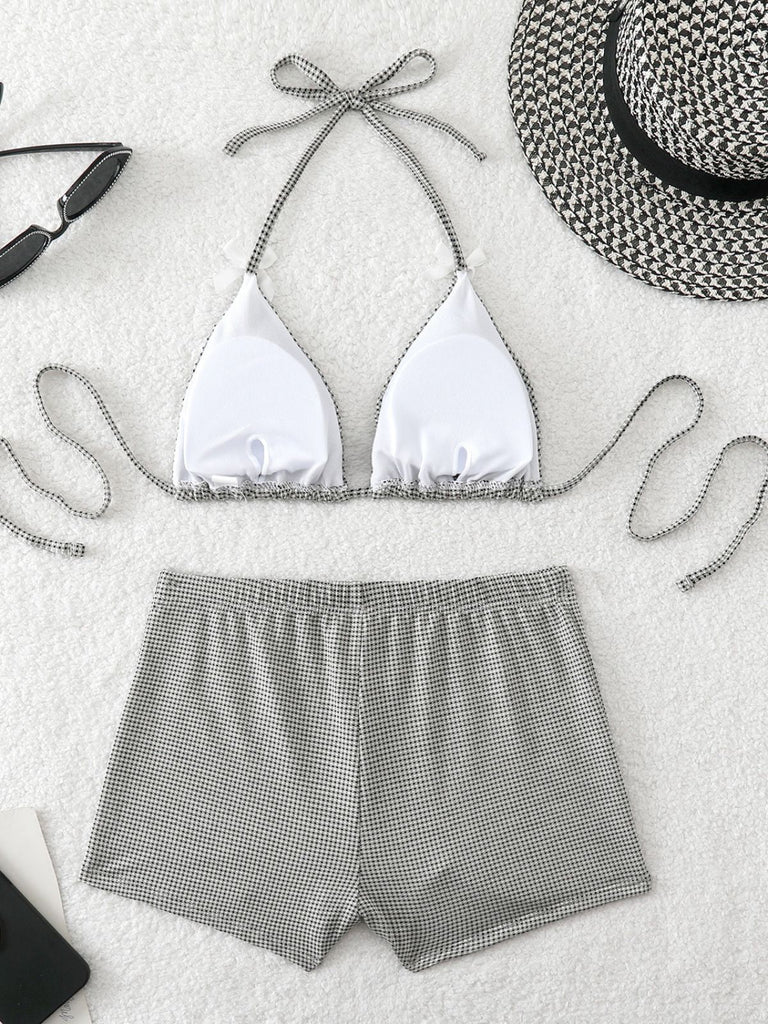 Rosa 50er Bikini-Set & Shorts mit Schleife und Hohe Taille
