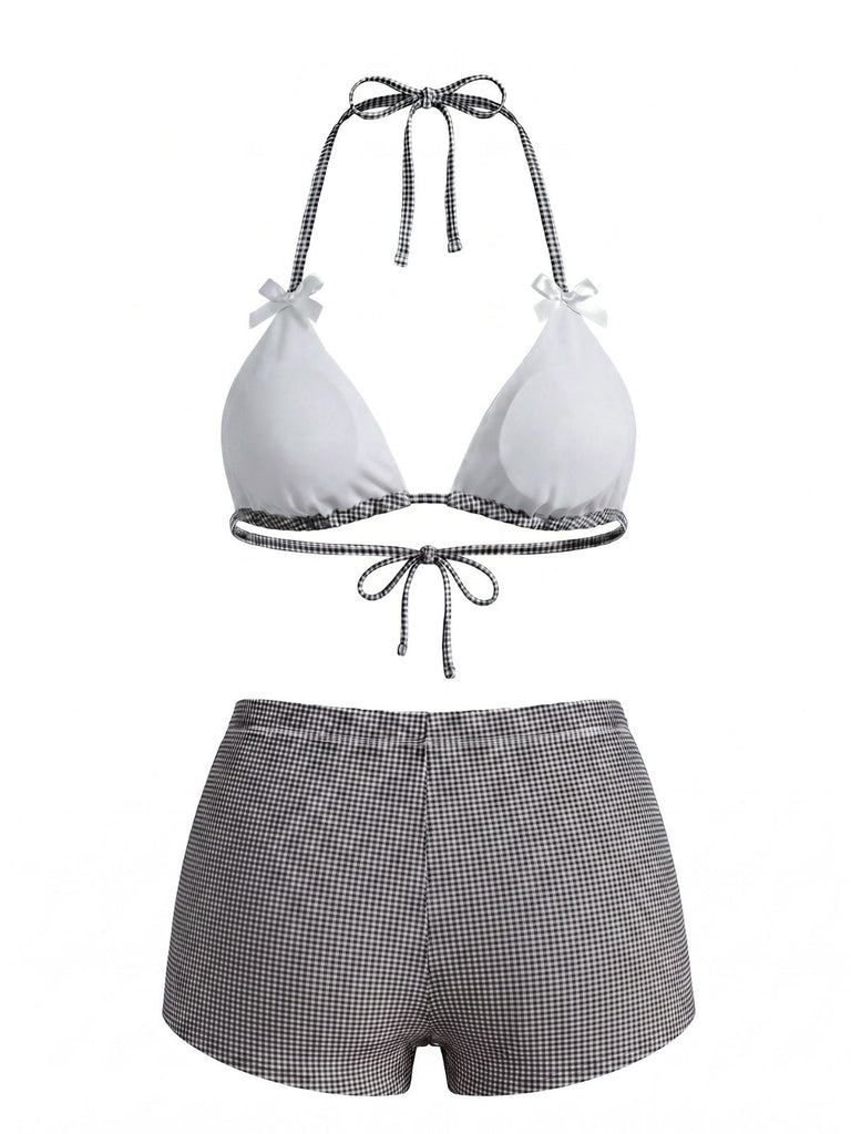 Rosa 50er Bikini-Set & Shorts mit Schleife und Hohe Taille
