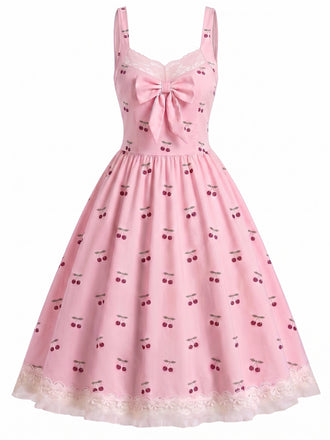 Rosa 50er Swingkleid mit Schleife und Kirschen