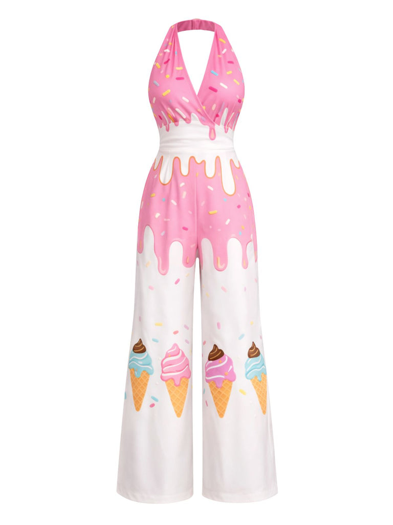 Rosa 50er Jumpsuit mit Neckholder und Eis-Motiv