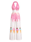 Rosa 50er Jumpsuit mit Neckholder und Eis-Motiv