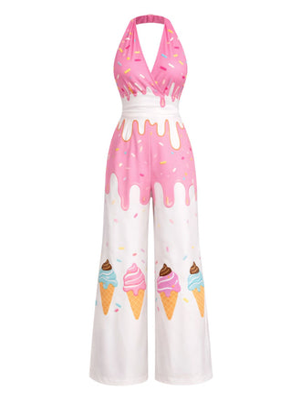 Rosa 50er Jumpsuit mit Neckholder und Eis-Motiv