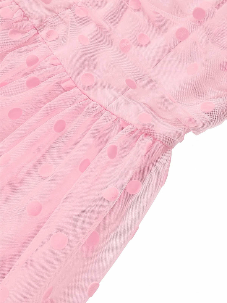 Rosa 50er Netzkleid mit Herzausschnitt und Polka-Dots