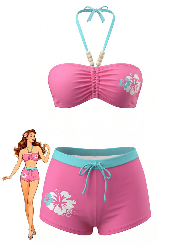 Rosa 80er Bikini-Set mit Blumen-Print und Neckholder