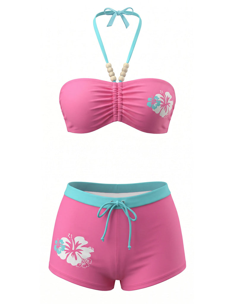 Rosa 80er Bikini-Set mit Blumen-Print und Neckholder