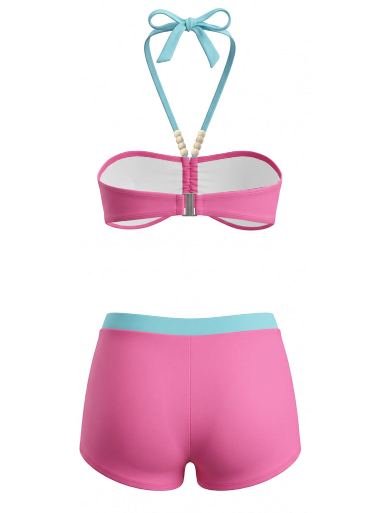 Rosa 80er Bikini-Set mit Blumen-Print und Neckholder