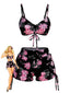 Schwarzes & Rosa 40er Bikini-Set mit Blumen-Print und Kordelzug