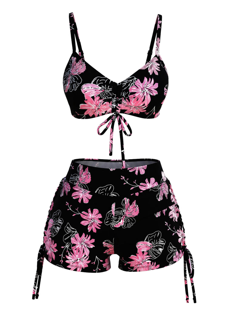 Schwarzes & Rosa 40er Bikini-Set mit Blumen-Print und Kordelzug