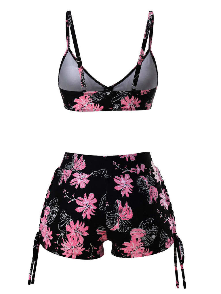 Schwarzes & Rosa 40er Bikini-Set mit Blumen-Print und Kordelzug
