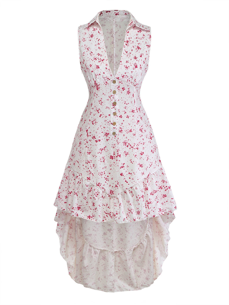 Lila 70er Kleid mit Ditsy-Blumen und Rüschen