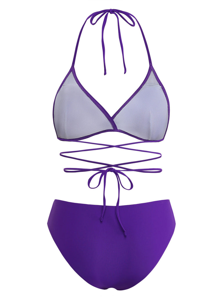 Lila 80er Bikini-Set & Shorts mit Neckholder und Schnürung