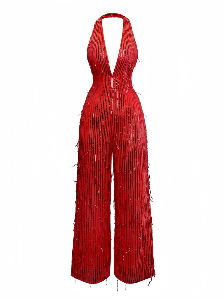 1970er Halter Tief V-Ausschnitt Paillette Franse Jumpsuit