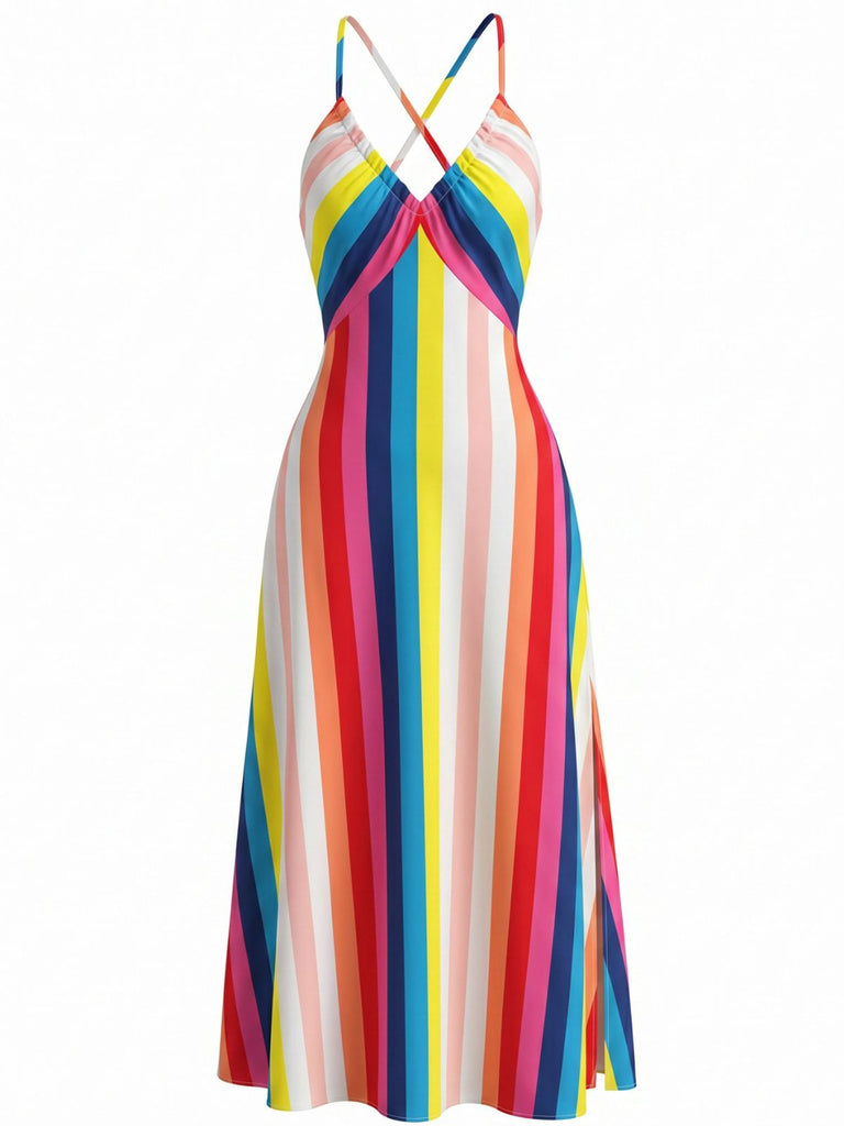 Regenbogen 30er Kleid mit Spaghettiträger und A-Linie