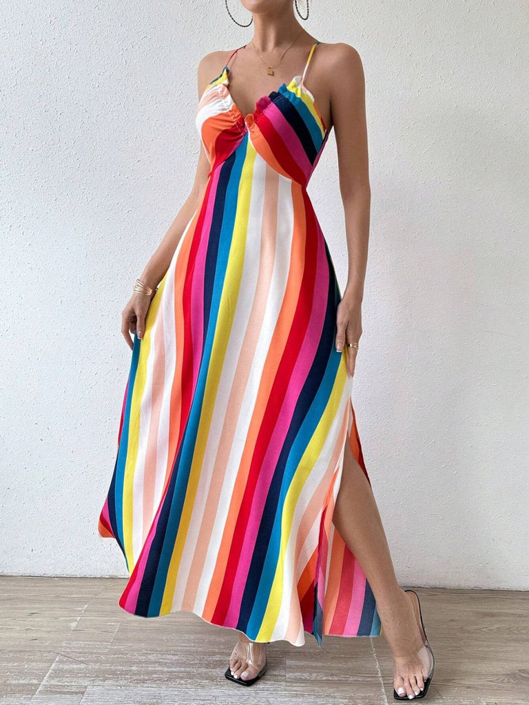 Regenbogen 30er Kleid mit Spaghettiträger und A-Linie