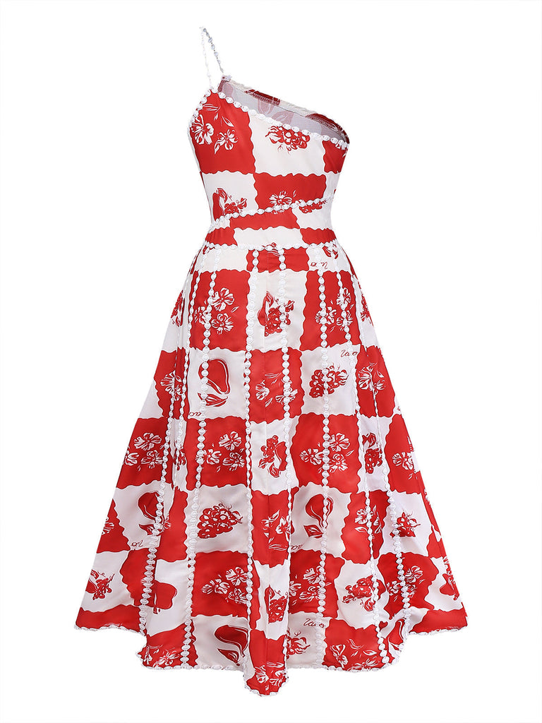 Rotes Spaghettiträgerkleid im Stil der 1930er Jahre mit Karomuster, Blumen- und Fruchtprint – Rückansicht