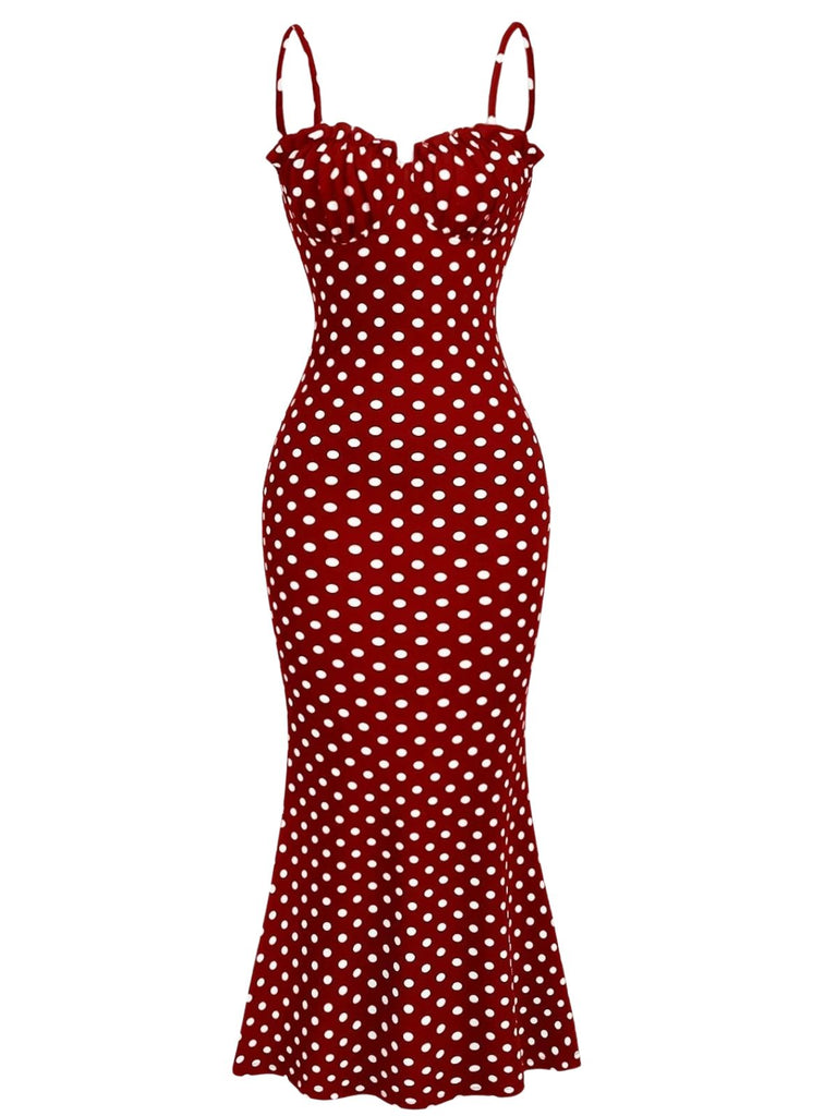 Rotes 30er Fischschwanzkleid mit Spaghettiträger und Polka-Dots