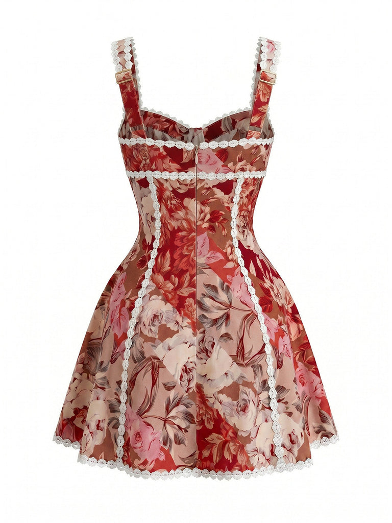 Rotes 60er Minikleid mit Herzausschnitt und Blumen