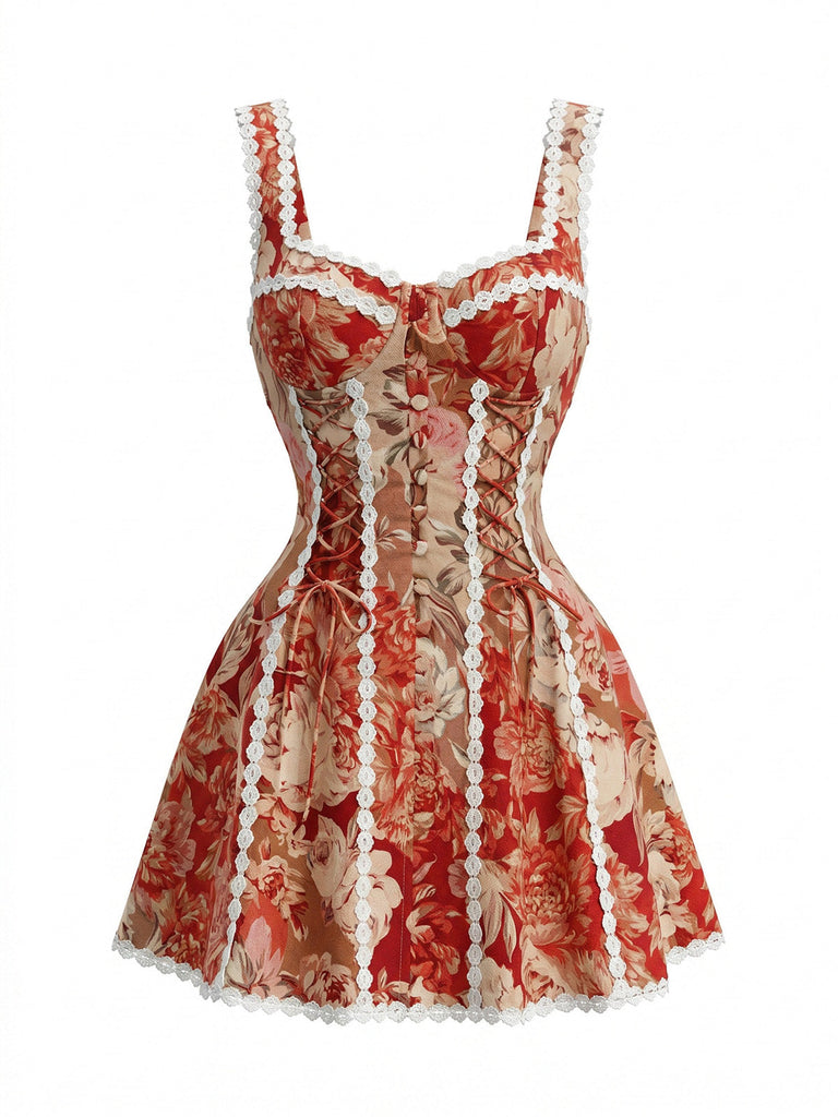 Rotes 60er Minikleid mit Herzausschnitt und Blumen