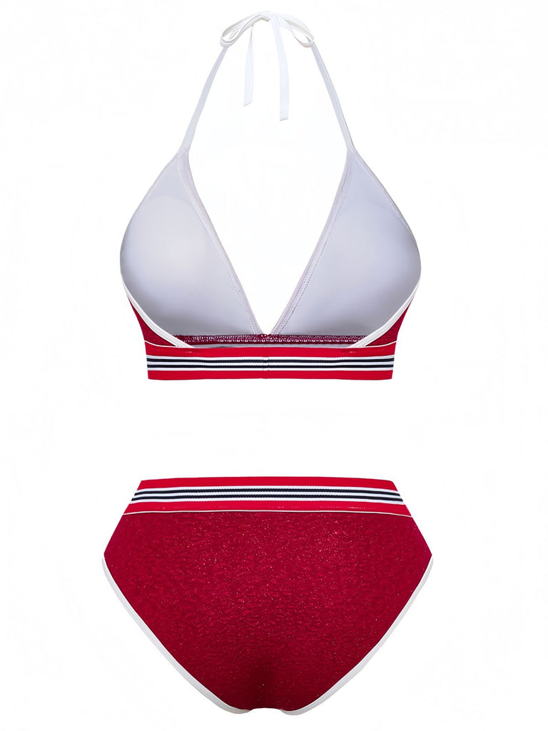 Rot 80er Bikini-Set & Shorts mit Neckholder und Hohe Taille