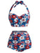 Weißes & Blaues 50er Bikini-Set mit Neckholder und Blumen
