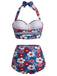 Weißes & Blaues 50er Bikini-Set mit Neckholder und Blumen