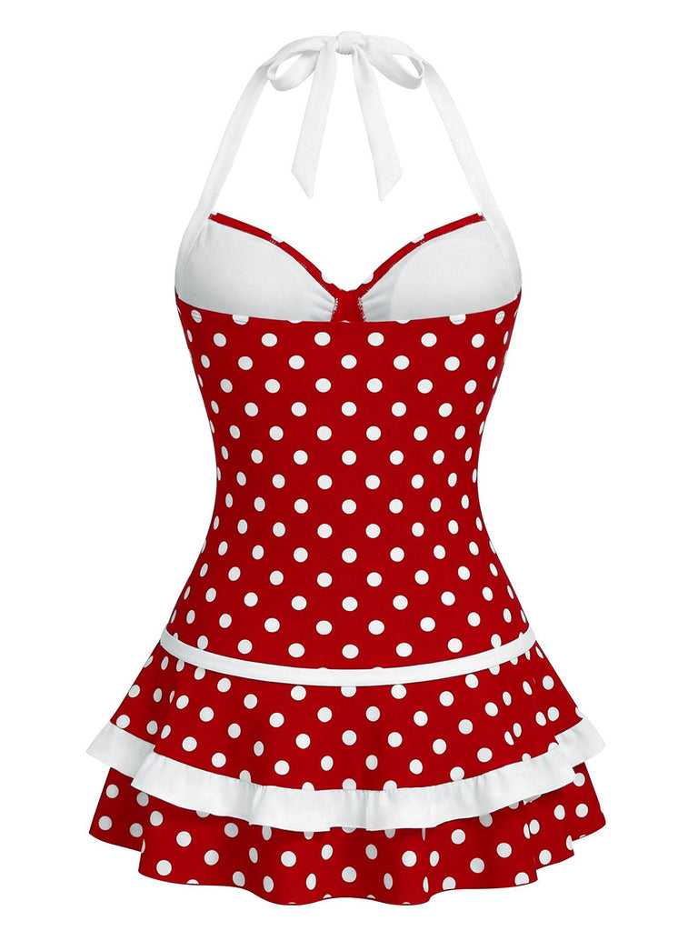 Roter, gepunkteter Neckholder-Badeanzug mit Schleife aus den 1940er Jahren, Rückansicht