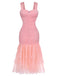 Rosa 1930er Solide Netz Patchwork Gerafft Enges Kleid
