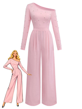 Eleganter, von den 1930er-Jahren inspirierter Jumpsuit mit einer Schulter, Perlenverzierungen und langen Ärmeln – perfekt für formelle Anlässe und Partys im Vintage-Stil.