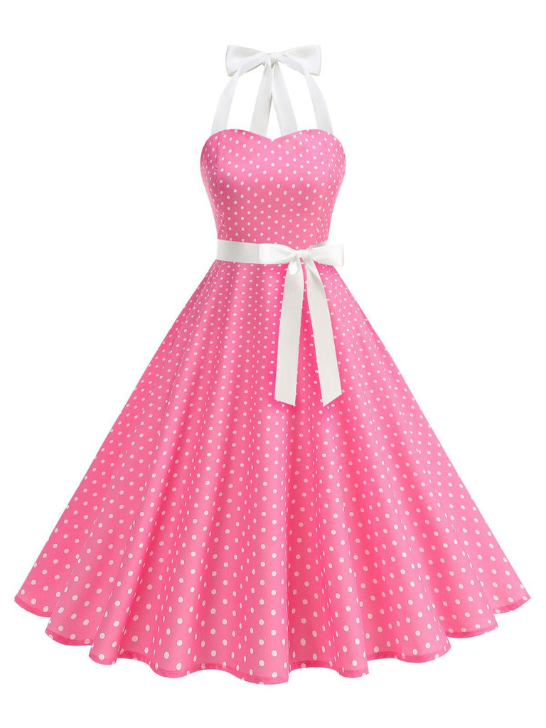 Rosa 1950er Polka Dot Halter Gürtel Swing Kleid
