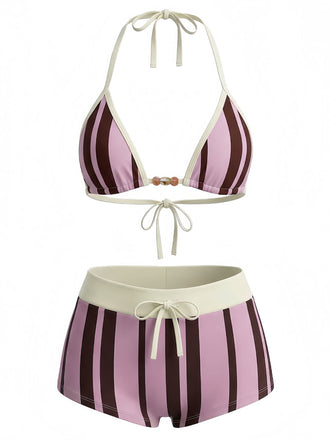 Rosa 1950er Schnür Halter Perlenbesetzt Polka Dot Bikini Set