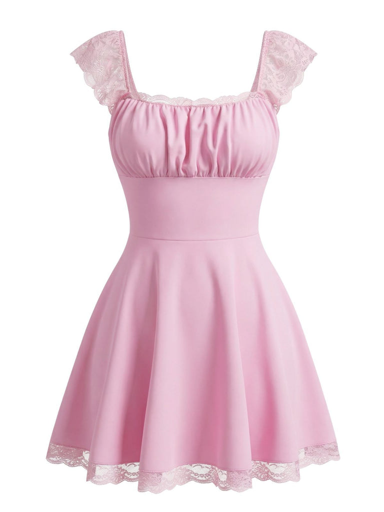 1960er Spitze Karree Ausschnitt Rückenfrei Kleid