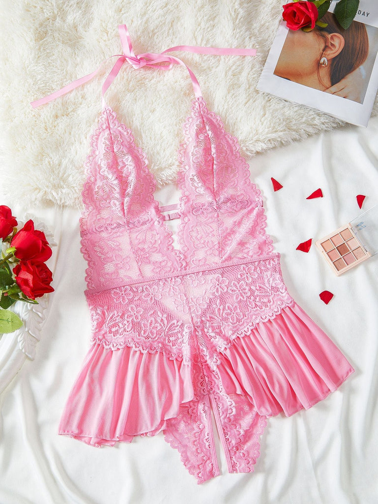 Rosa-1980er Halter Spitze Dessous mit Leopard Druck Rock