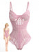 Ein hellrosa ärmelloser Body mit floralen Spitzeneinsätzen, transparenten Netzeinsätzen und formgebenden Stäbchen, abgebildet neben einer Modeillustration.