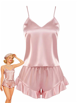 Rosa 1960er Slip Rüschen Satin Pajama Set-model