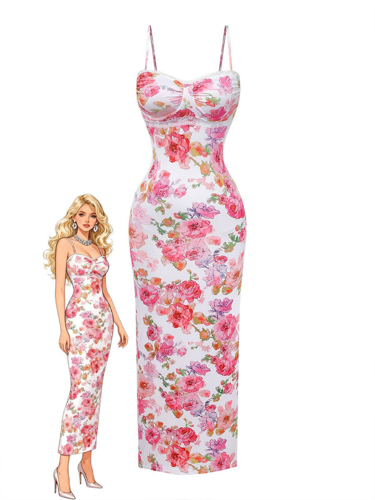 Rosa 1980er Blumen Druck Trägerlos Figurbetont Maxi Kleid-model