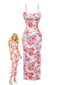 Rosa 1980er Blumen Druck Trägerlos Figurbetont Maxi Kleid