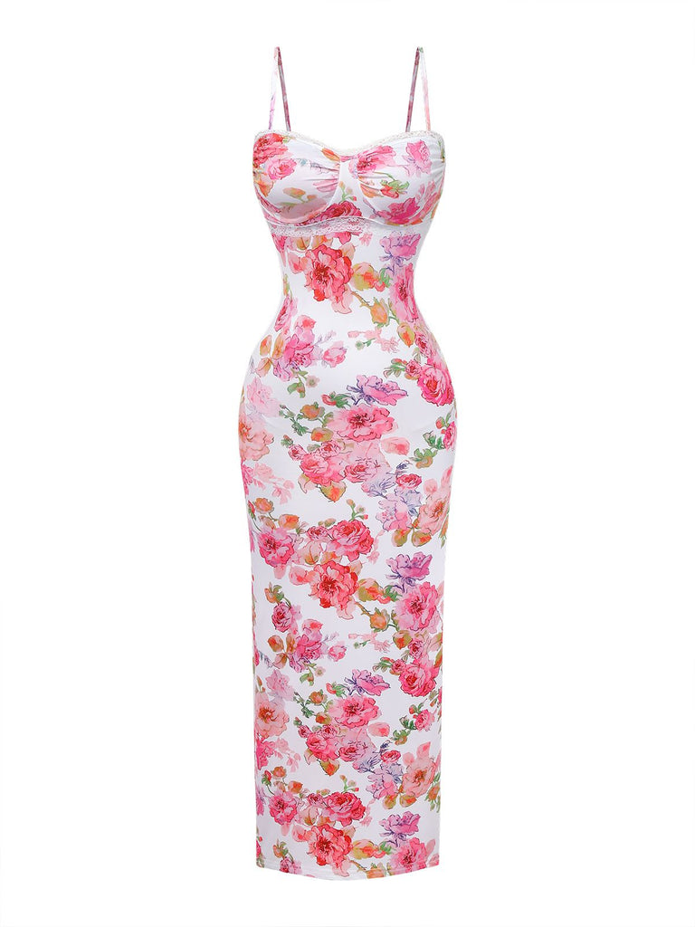 Rosa 1980er Blumen Druck Trägerlos Figurbetont Maxi Kleid