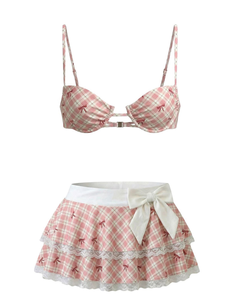 Rosarotes 30er Bikini-Set mit Schleife und Karo