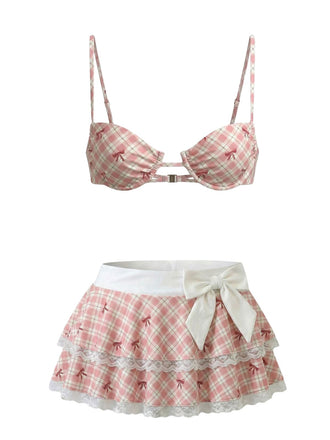 Rosarotes 30er Bikini-Set mit Schleife und Karo