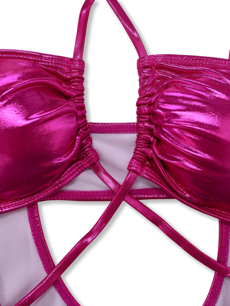 Rosaroter 70er Badeanzug mit Cut-out und Metallic