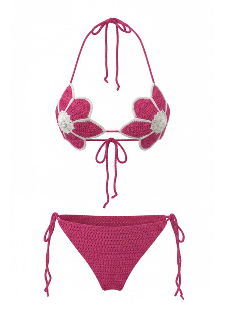 Rosarot 80er Bikini-Set & Shorts mit Blumen und Hand