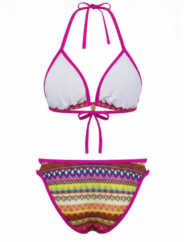 Rosarotes Boho-Bikini-Set im Stil der 1970er Jahre mit geometrischem Strickmuster und Neckholder – Rückansicht