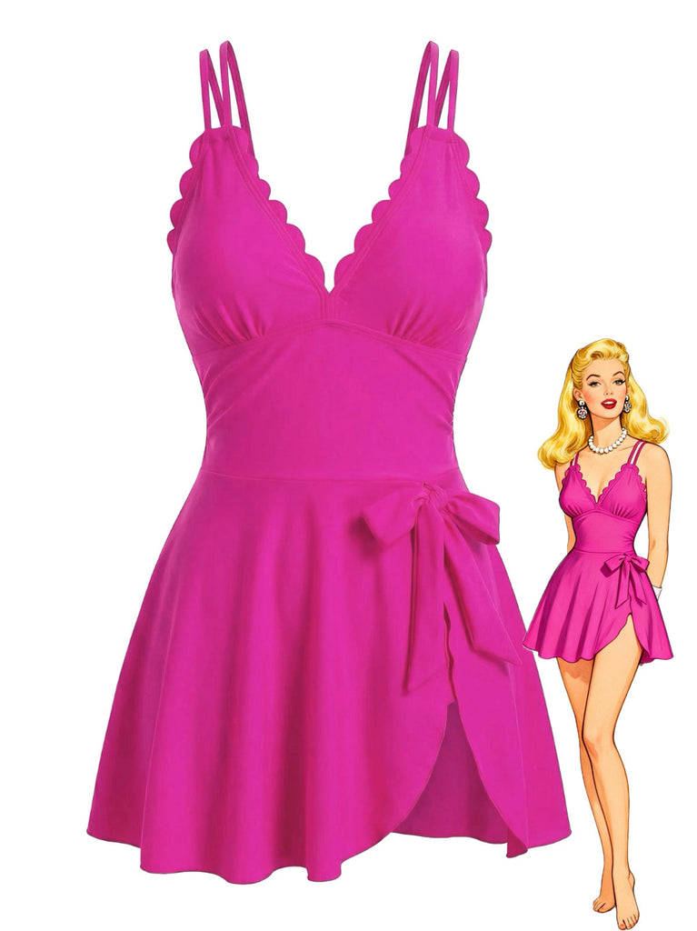 Spaghettiträger-Badekleid mit Schleife und Muschelsaum aus den 1930er Jahren – Vintage-Kleid, Retro-Mode