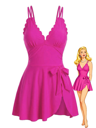Spaghettiträger-Badekleid mit Schleife und Muschelsaum aus den 1930er Jahren – Vintage-Kleid, Retro-Mode