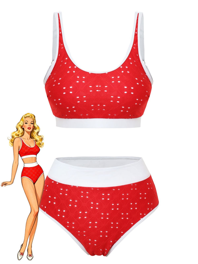 Tankini-Set mit Lochstickerei, hohem Bund und Farbblock-Design aus den 1940er Jahren – Vintage-Mode, Retro-Stil