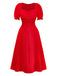 Rotes Empire-Kleid aus den 1940er Jahren mit einfarbiger Taille – Vorderansicht